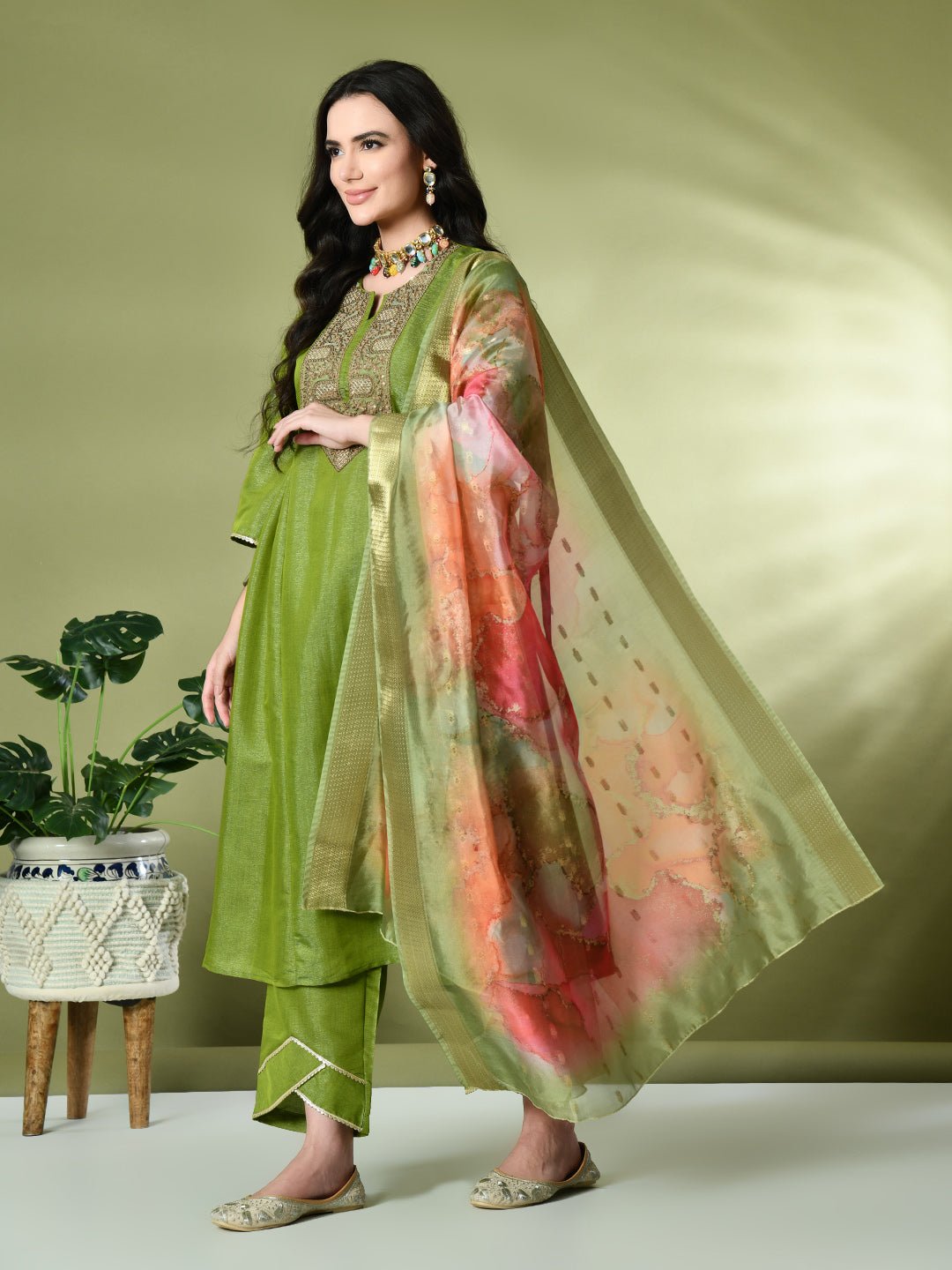 Myshka Women's Embroidered Keyhole Neck Bell Sleeves Kurta & Palazzos With Dupatta Sets in Green Color - Distacart