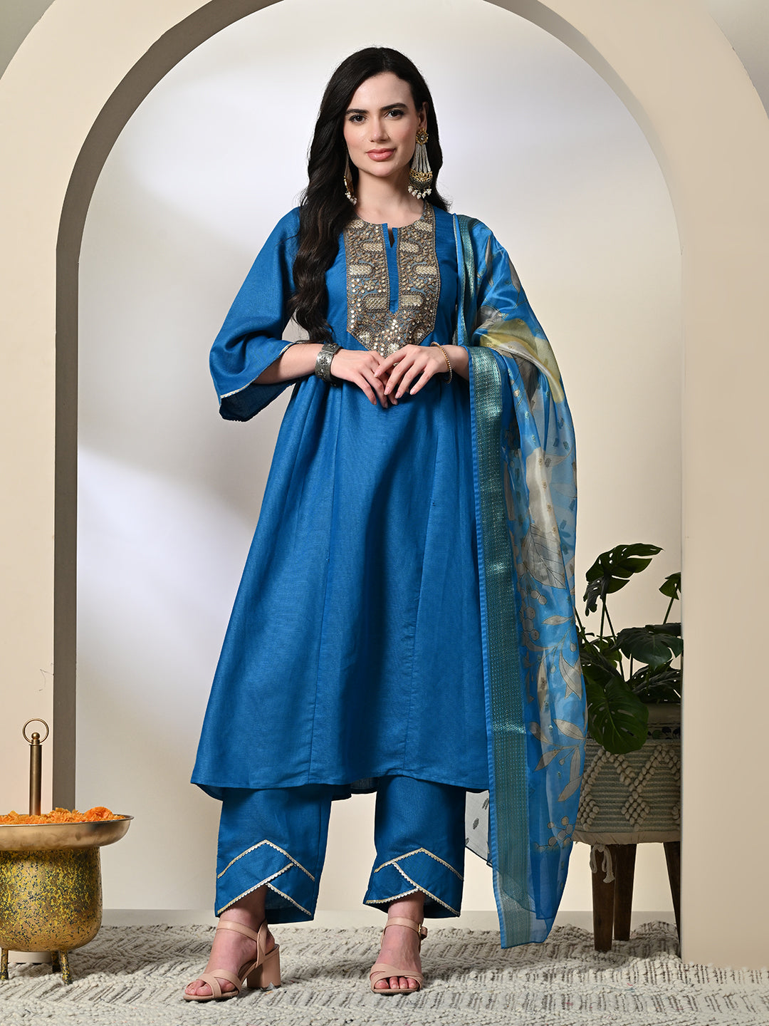 Myshka Women's Embroidered Keyhole Neck Bell Sleeves Kurta & Palazzos With Dupatta Sets in Blue Color - Distacart