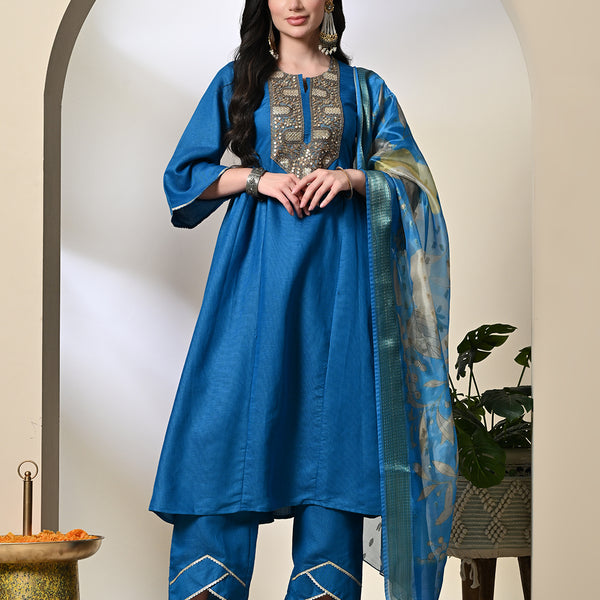 Myshka Women's Embroidered Keyhole Neck Bell Sleeves Kurta & Palazzos With Dupatta Sets in Blue Color - Distacart
