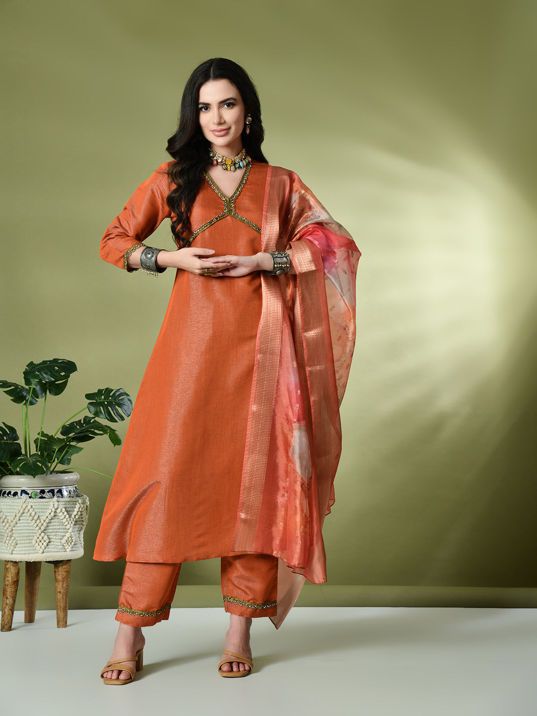 Myshka Women's Solid V-Neck Regular Sleeves Kurta & Palazzos With Dupatta Sets in Orange Color - Distacart
