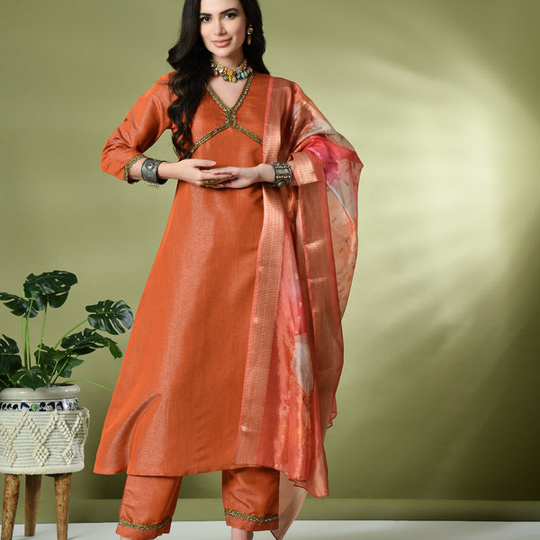 Myshka Women's Solid V-Neck Regular Sleeves Kurta & Palazzos With Dupatta Sets in Orange Color - Distacart