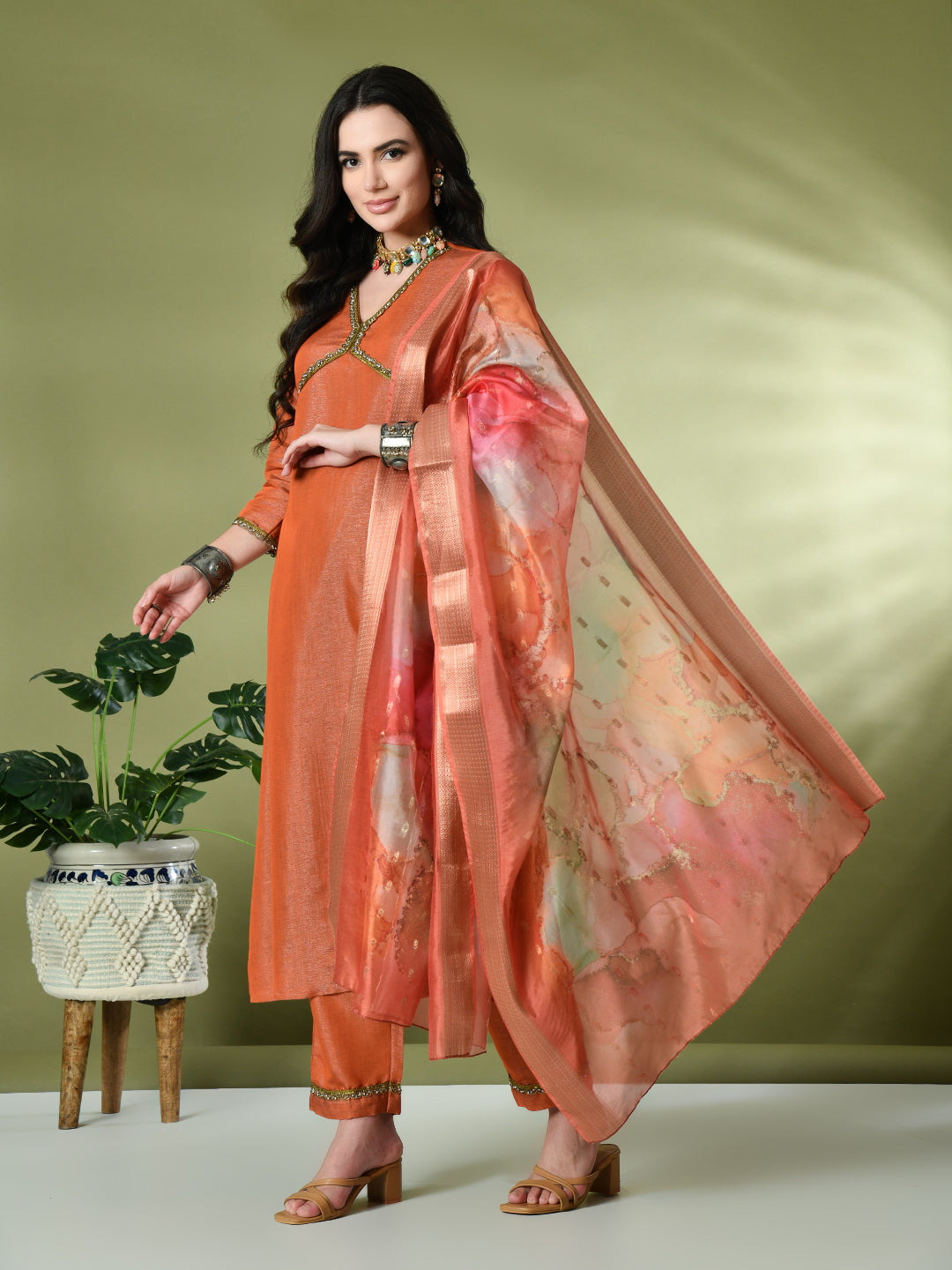 Myshka Women's Solid V-Neck Regular Sleeves Kurta & Palazzos With Dupatta Sets in Orange Color - Distacart