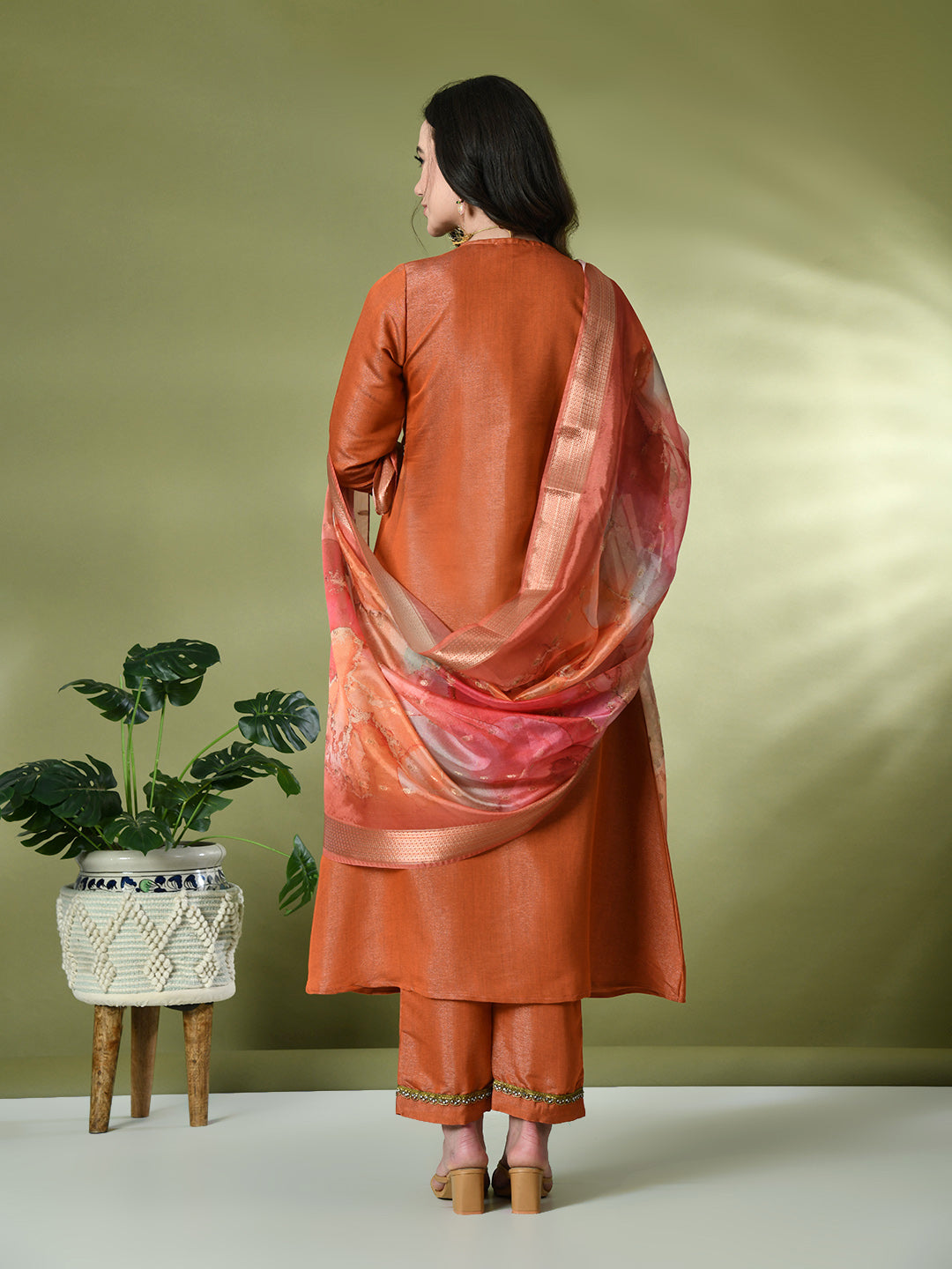 Myshka Women's Solid V-Neck Regular Sleeves Kurta & Palazzos With Dupatta Sets in Orange Color - Distacart