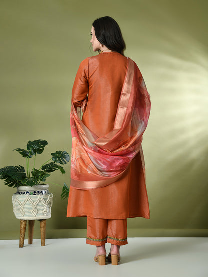 Myshka Women's Solid V-Neck Regular Sleeves Kurta & Palazzos With Dupatta Sets in Orange Color - Distacart