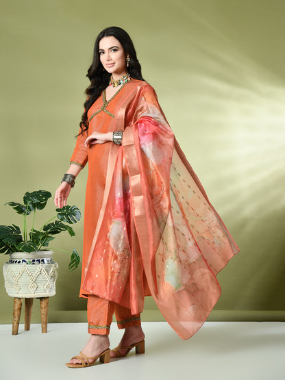 Myshka Women's Solid V-Neck Regular Sleeves Kurta & Palazzos With Dupatta Sets in Orange Color - Distacart