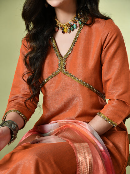 Myshka Women's Solid V-Neck Regular Sleeves Kurta & Palazzos With Dupatta Sets in Orange Color - Distacart