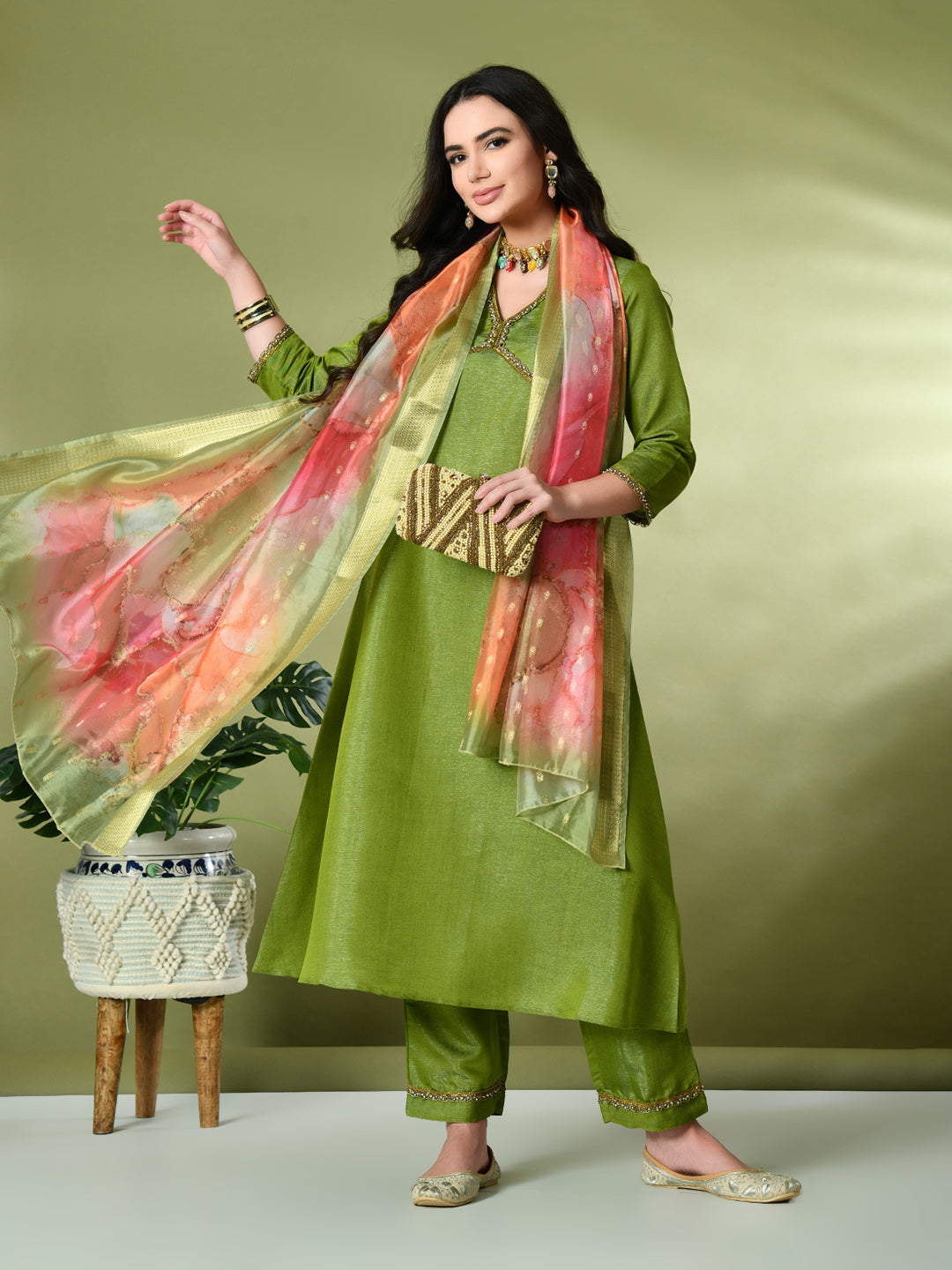 Myshka Women's Solid V-Neck Regular Sleeves Kurta & Palazzos With Dupatta Sets in Green Color - Distacart