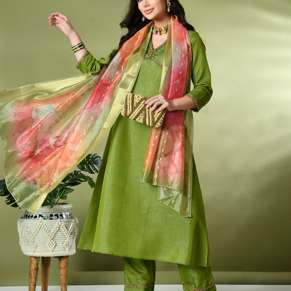 Myshka Women's Solid V-Neck Regular Sleeves Kurta & Palazzos With Dupatta Sets in Green Color - Distacart