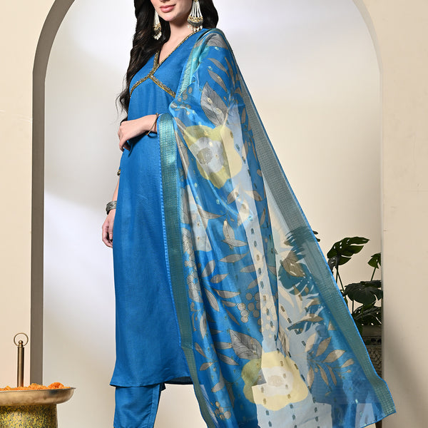 Myshka Women's Solid V-Neck Regular Sleeves Kurta & Palazzos With Dupatta Sets in Blue Color - Distacart