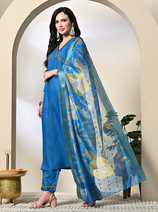 Myshka Women's Solid V-Neck Regular Sleeves Kurta & Palazzos With Dupatta Sets in Blue Color - Distacart