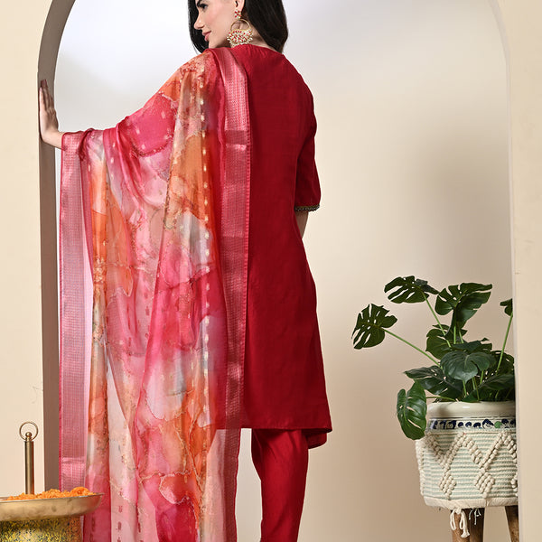 Myshka Women's Solid V-Neck Bell Sleeves Kurta & Dhoti Pants With Printed Dupatta Sets in Red Color - Distacart