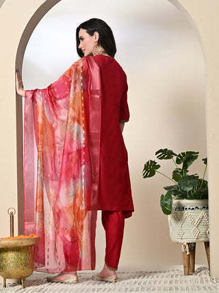 Myshka Women's Solid V-Neck Bell Sleeves Kurta & Dhoti Pants With Printed Dupatta Sets in Red Color - Distacart