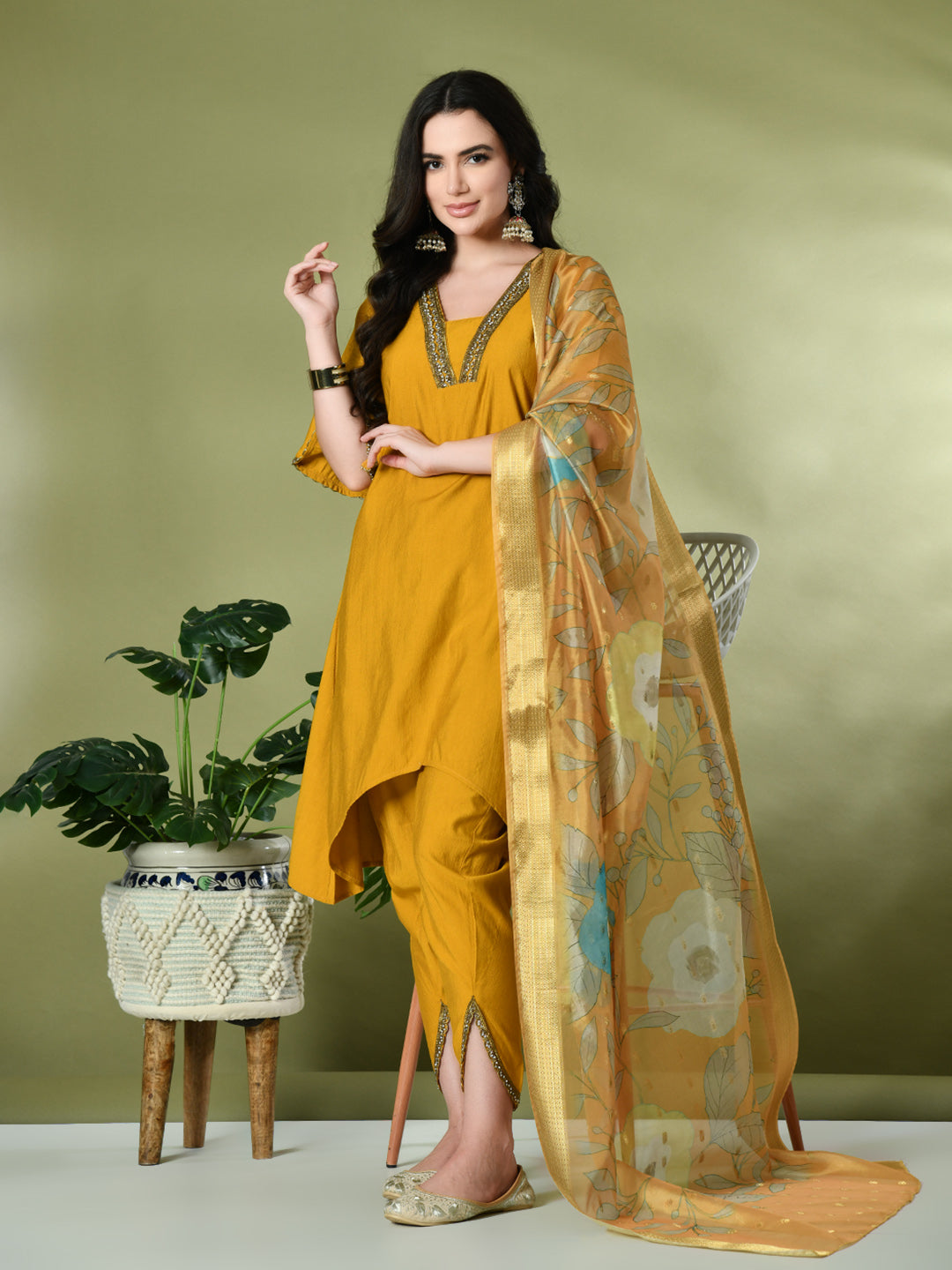 Myshka Women's Solid V-Neck Bell Sleeves Kurta & Dhoti Pants With Printed Dupatta Sets in Mustard Color - Distacart