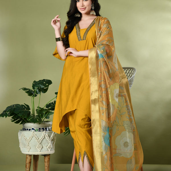 Myshka Women's Solid V-Neck Bell Sleeves Kurta & Dhoti Pants With Printed Dupatta Sets in Mustard Color - Distacart