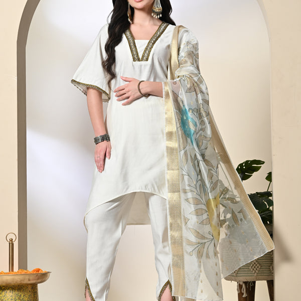 Myshka Women's Solid V-Neck Bell Sleeves Kurta & Dhoti Pants With Printed Dupatta Sets in White Color - Distacart
