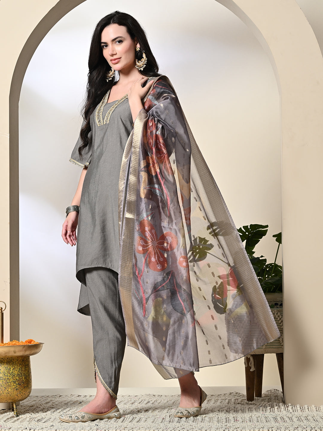 Myshka Women's Solid V-Neck Bell Sleeves Kurta & Dhoti Pants With Printed Dupatta Sets in Grey Color - Distacart