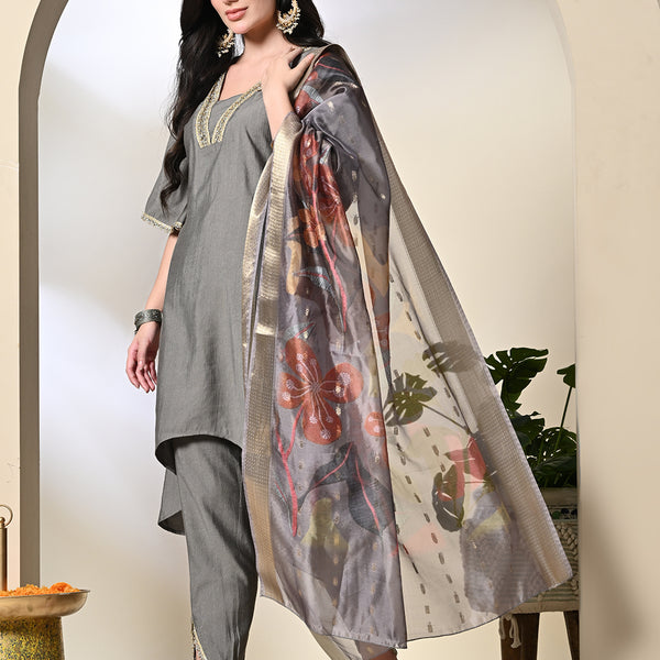 Myshka Women's Solid V-Neck Bell Sleeves Kurta & Dhoti Pants With Printed Dupatta Sets in Grey Color - Distacart