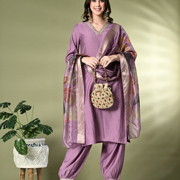 Myshka Women's Embroidered V-Neck Bell Sleeves Kurta & Salwar With Printed Dupatta Sets in Lavender Color - Distacart