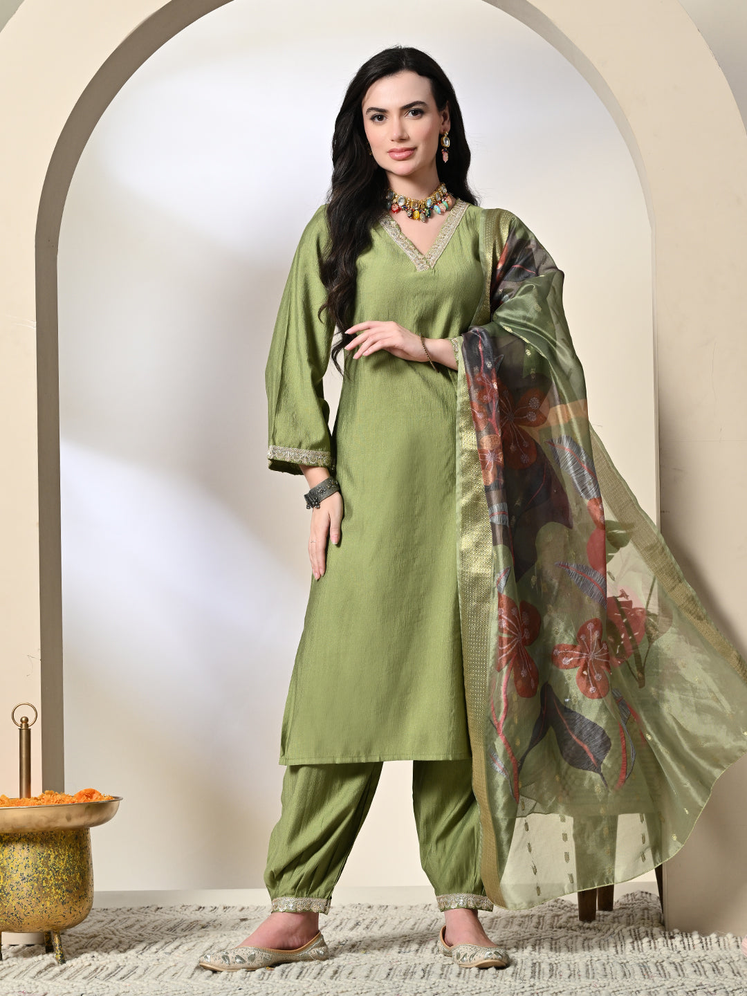 Myshka Women's Embroidered V-Neck Bell Sleeves Kurta & Salwar With Printed Dupatta Sets in Green Color - Distacart