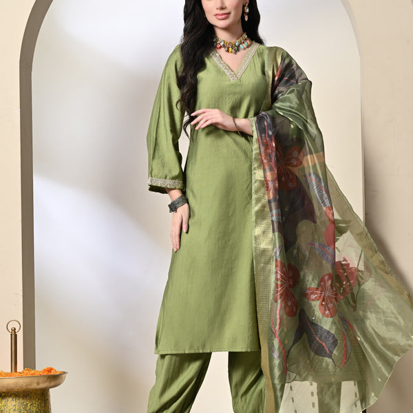 Myshka Women's Embroidered V-Neck Bell Sleeves Kurta & Salwar With Printed Dupatta Sets in Green Color - Distacart