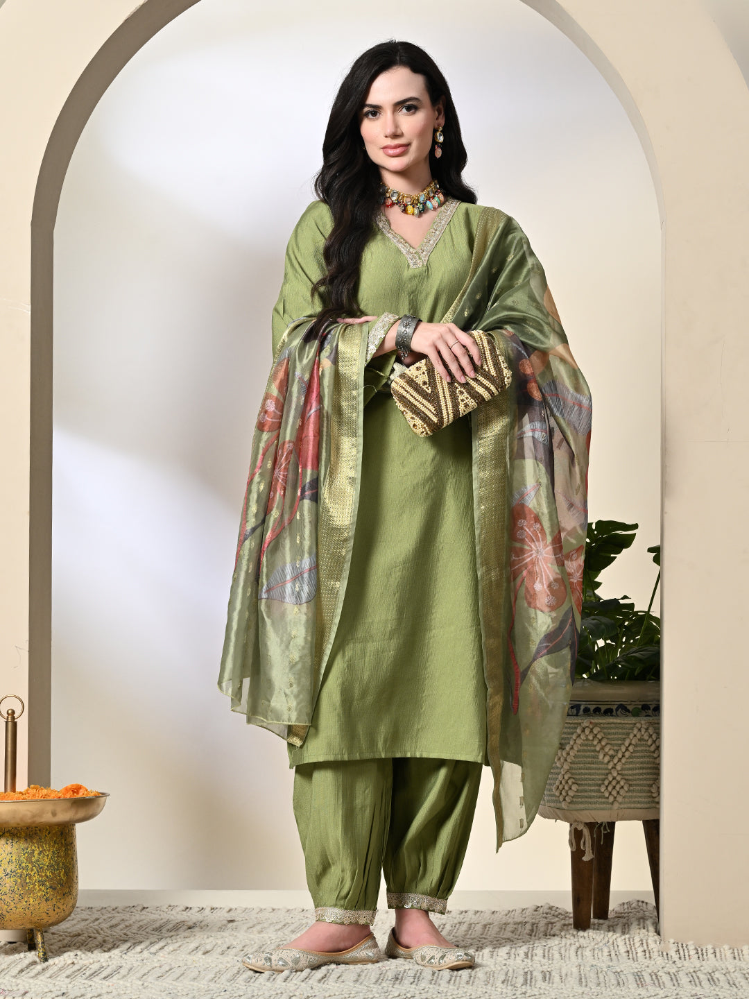 Myshka Women's Embroidered V-Neck Bell Sleeves Kurta & Salwar With Printed Dupatta Sets in Green Color - Distacart