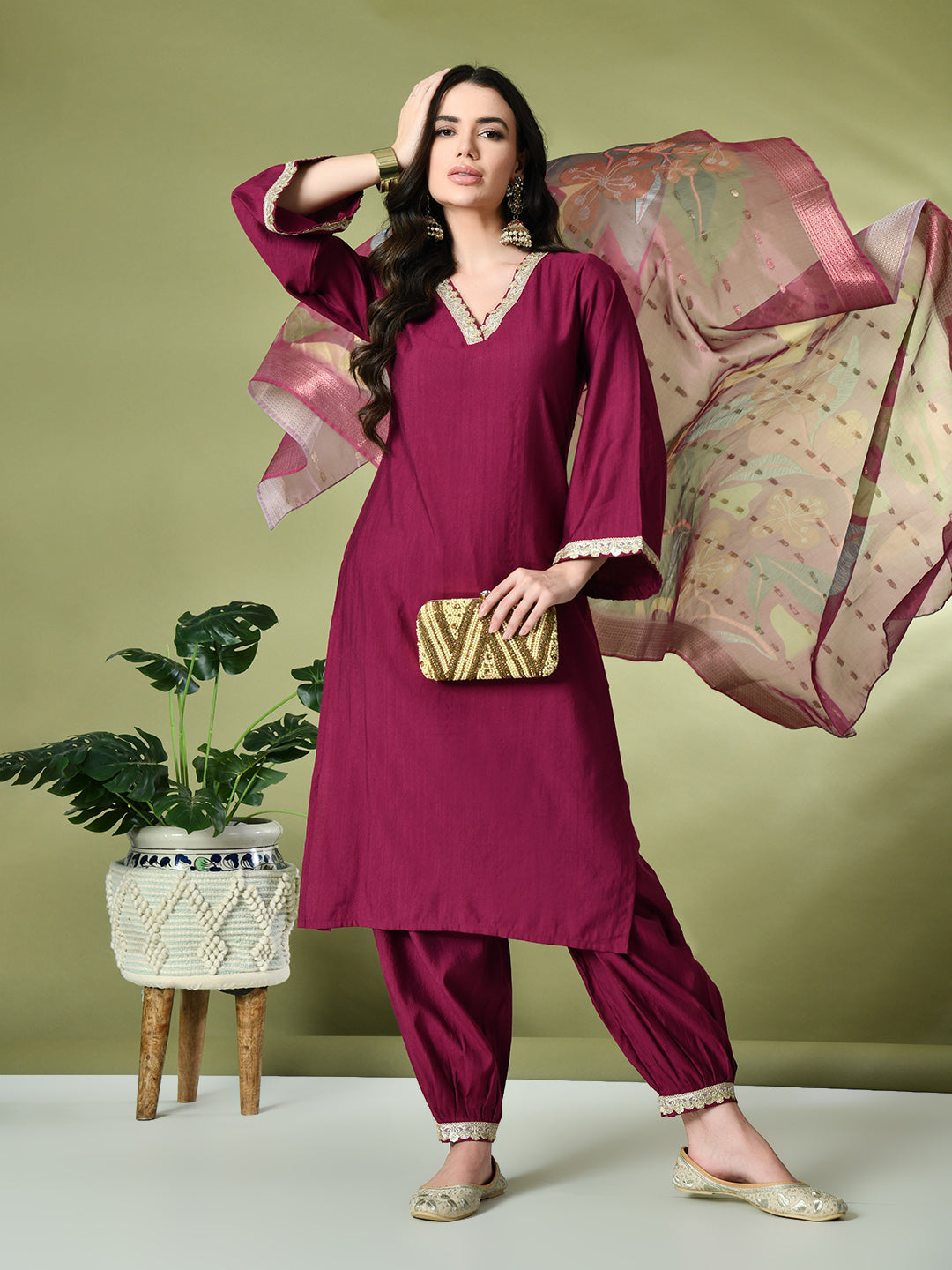 Myshka Women's Embroidered V-Neck Bell Sleeves Kurta & Salwar With Printed Dupatta Sets in Magenta Color - Distacart