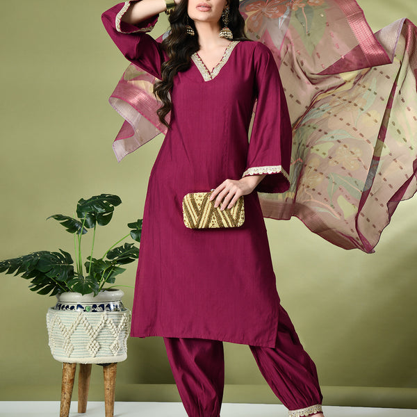 Myshka Women's Embroidered V-Neck Bell Sleeves Kurta & Salwar With Printed Dupatta Sets in Magenta Color - Distacart