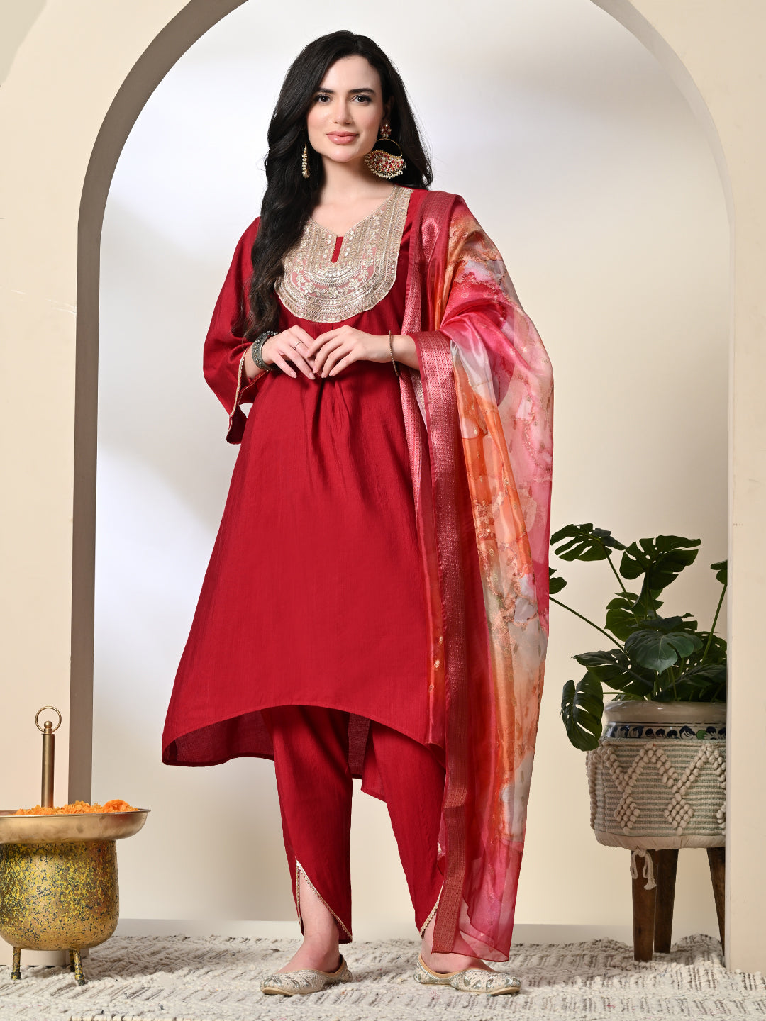 Myshka Women's Embroidered V-Neck Bell Sleeves Kurta & Dhoti Pants With Printed Dupatta Sets in Red Color - Distacart