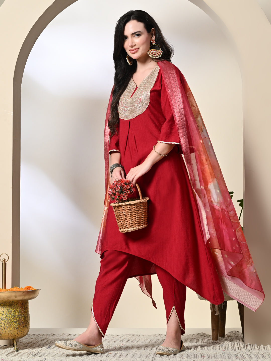 Myshka Women's Embroidered V-Neck Bell Sleeves Kurta & Dhoti Pants With Printed Dupatta Sets in Red Color - Distacart