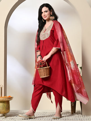 Myshka Women's Embroidered V-Neck Bell Sleeves Kurta & Dhoti Pants With Printed Dupatta Sets in Red Color - Distacart