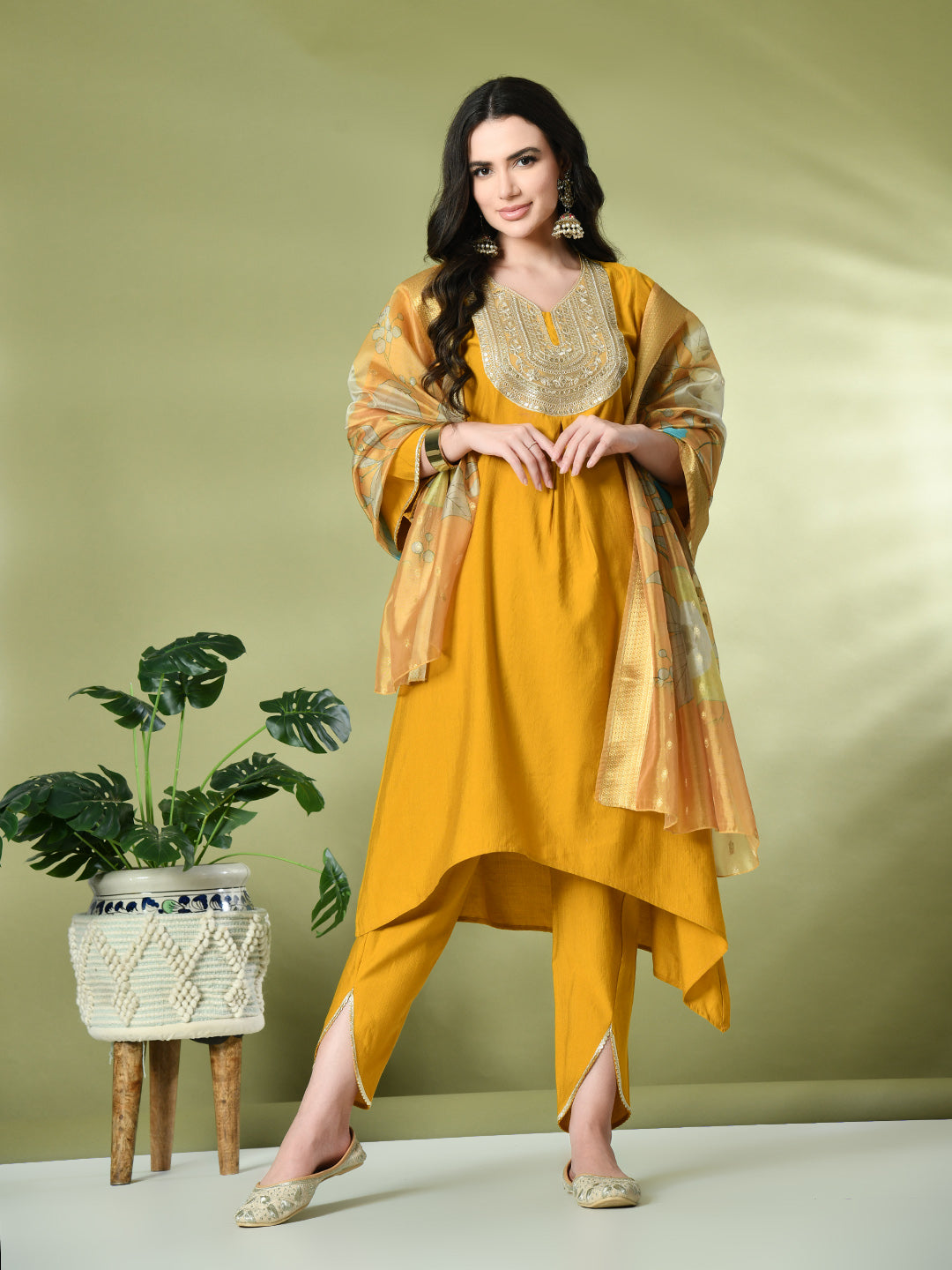 Myshka Women's Embroidered V-Neck Bell Sleeves Kurta & Dhoti Pants With Printed Dupatta Sets in Mustard Color - Distacart