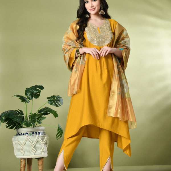 Myshka Women's Embroidered V-Neck Bell Sleeves Kurta & Dhoti Pants With Printed Dupatta Sets in Mustard Color - Distacart