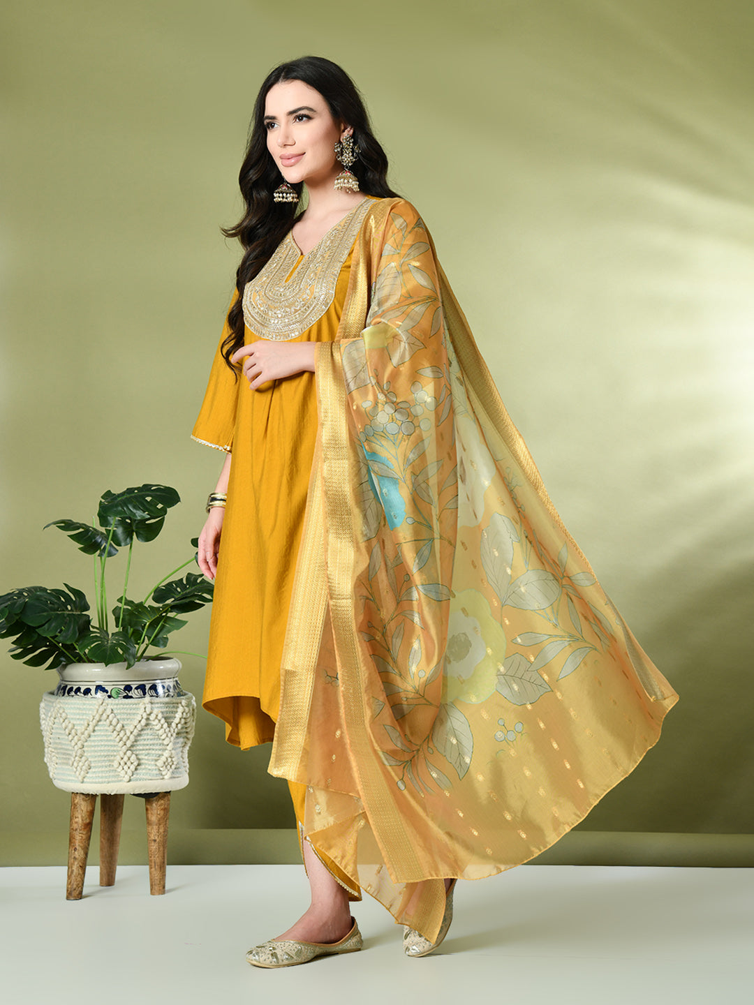 Myshka Women's Embroidered V-Neck Bell Sleeves Kurta & Dhoti Pants With Printed Dupatta Sets in Mustard Color - Distacart