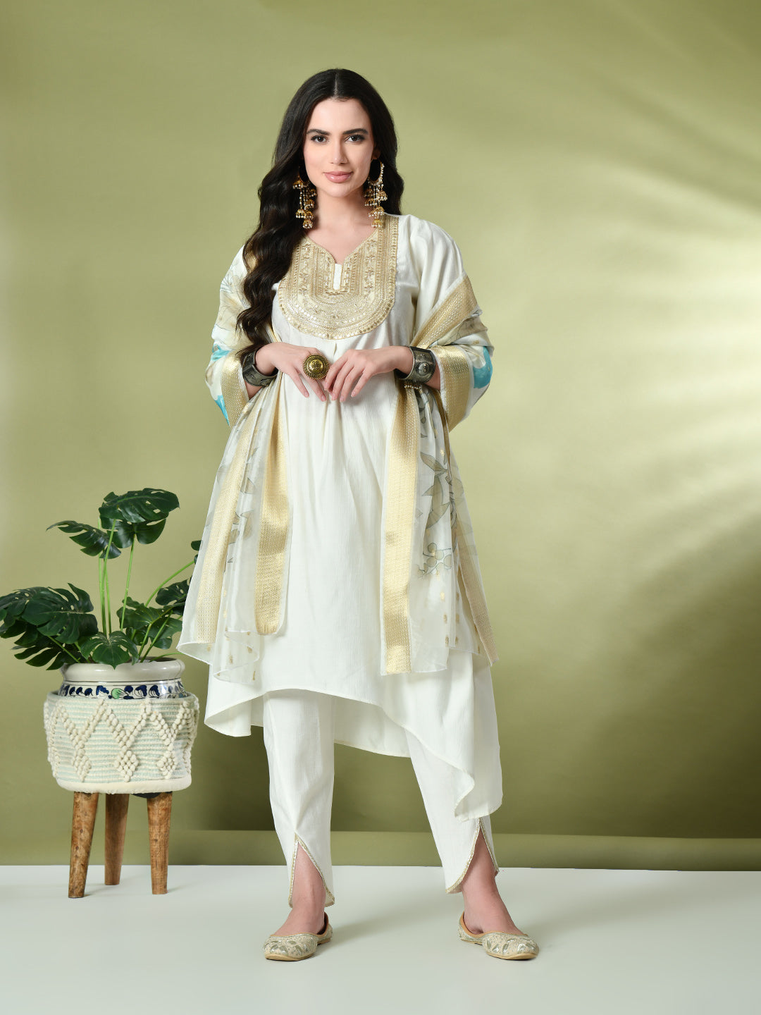 Myshka Women's Embroidered V-Neck Bell Sleeves Kurta & Dhoti Pants With Printed Dupatta Sets in White Color - Distacart