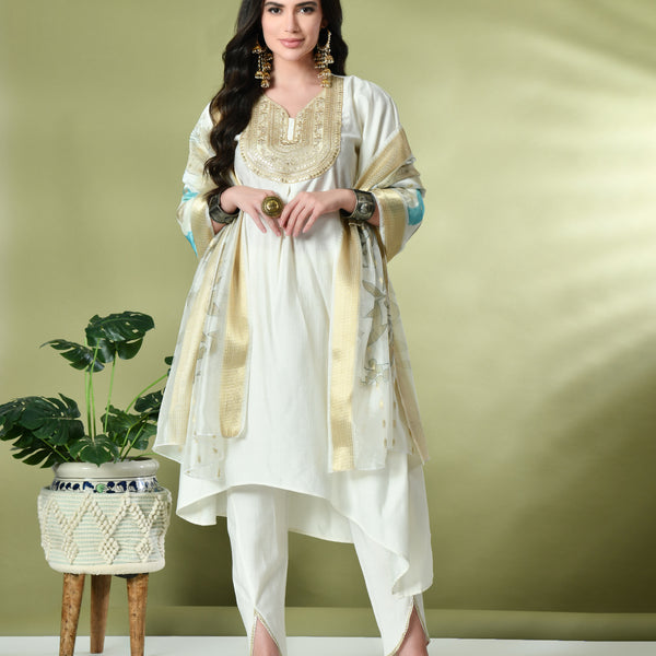 Myshka Women's Embroidered V-Neck Bell Sleeves Kurta & Dhoti Pants With Printed Dupatta Sets in White Color - Distacart