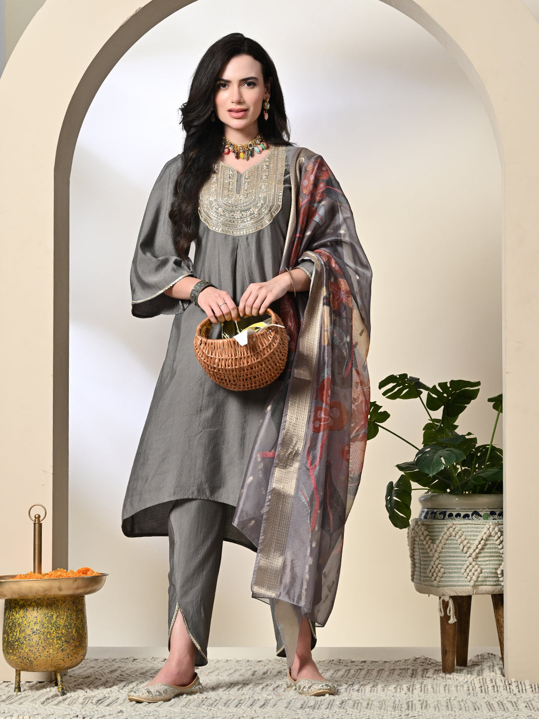 Myshka Women's Embroidered V-Neck Bell Sleeves Kurta & Dhoti Pants With Printed Dupatta Sets in Grey Color - Distacart