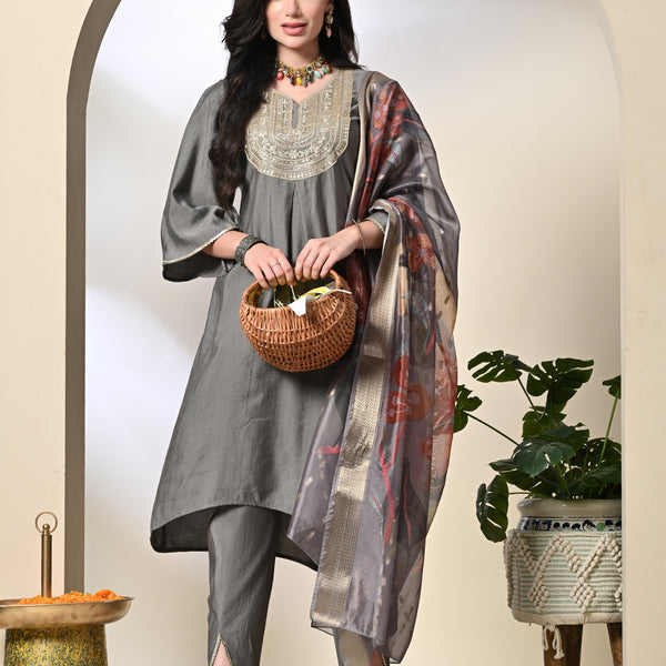 Myshka Women's Embroidered V-Neck Bell Sleeves Kurta & Dhoti Pants With Printed Dupatta Sets in Grey Color - Distacart