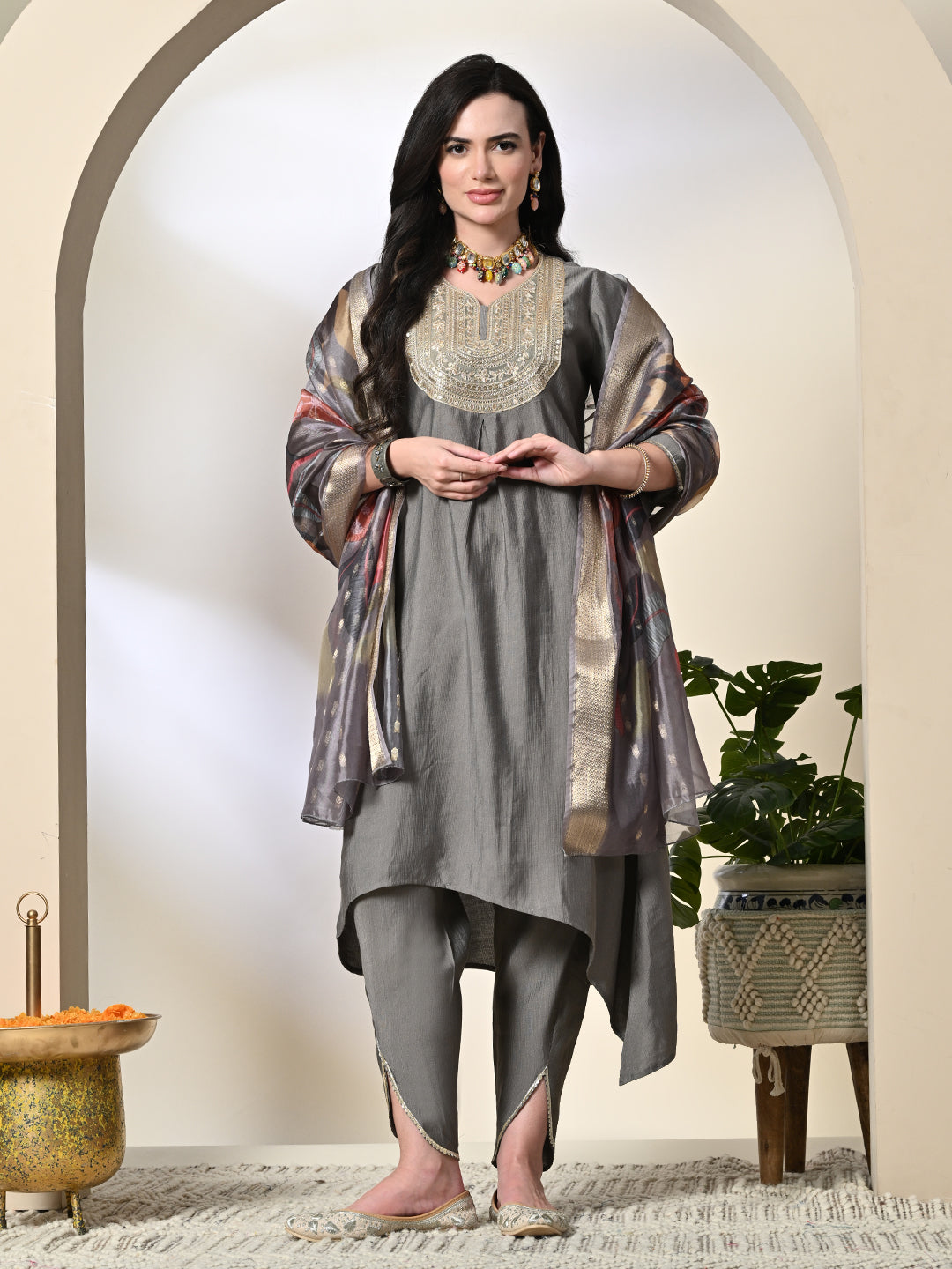 Myshka Women's Embroidered V-Neck Bell Sleeves Kurta & Dhoti Pants With Printed Dupatta Sets in Grey Color - Distacart