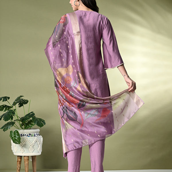 Myshka Women's Embroidered V-Neck Bell Sleeves Kurta & Dhoti Pants With Printed Dupatta Sets in Lavender Color - Distacart