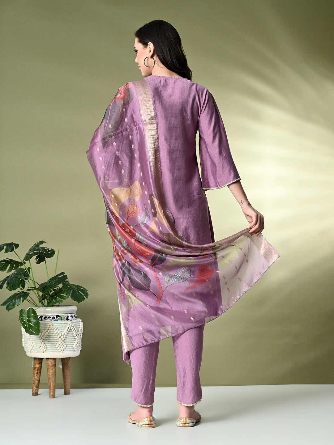 Myshka Women's Embroidered V-Neck Bell Sleeves Kurta & Dhoti Pants With Printed Dupatta Sets in Lavender Color - Distacart