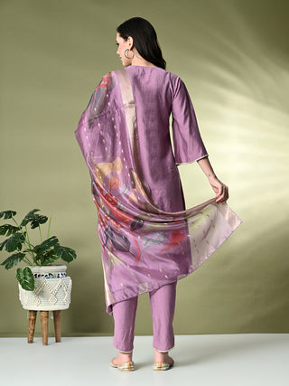 Myshka Women's Embroidered V-Neck Bell Sleeves Kurta & Dhoti Pants With Printed Dupatta Sets in Lavender Color - Distacart