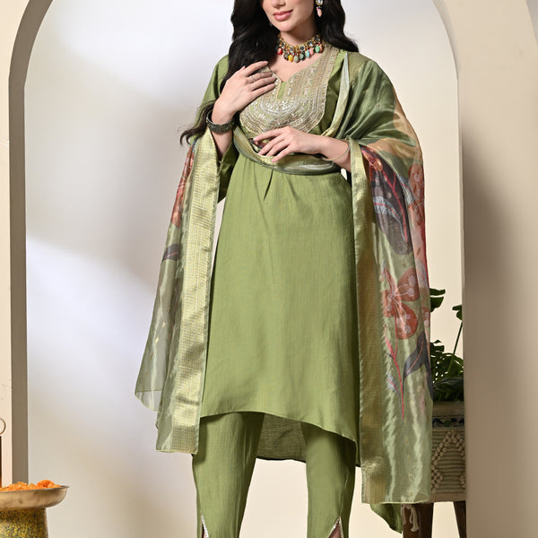 Myshka Women's Embroidered V-Neck Bell Sleeves Kurta & Dhoti Pants With Printed Dupatta Sets in Green Color - Distacart