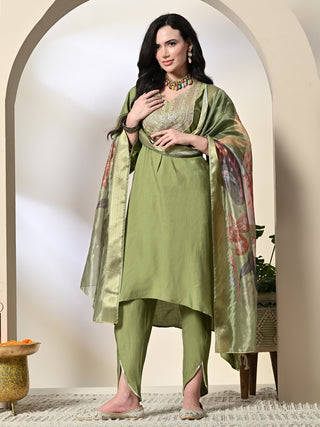 Myshka Women's Embroidered V-Neck Bell Sleeves Kurta & Dhoti Pants With Printed Dupatta Sets in Green Color - Distacart