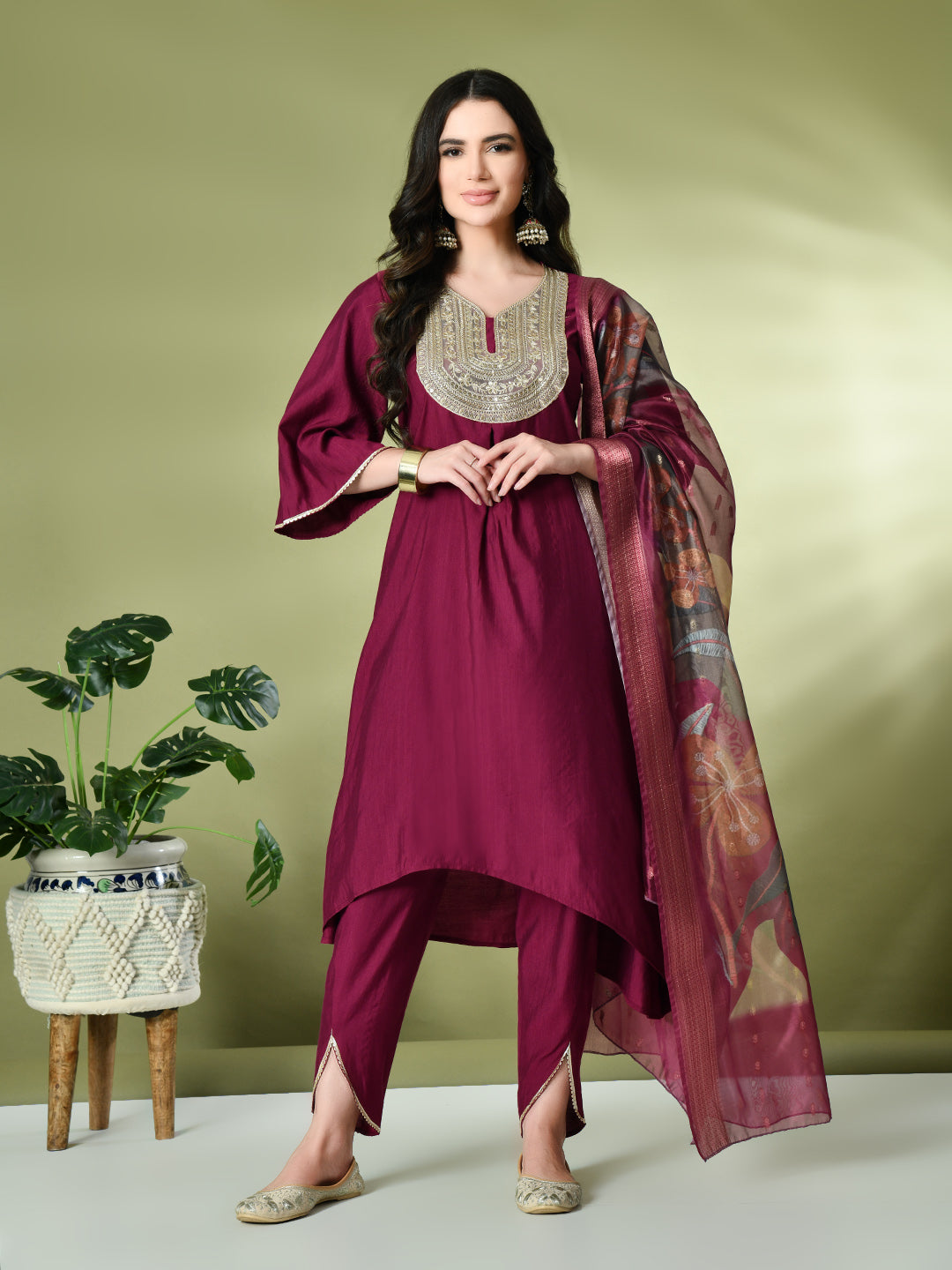 Myshka Women's Embroidered V-Neck Bell Sleeves Kurta & Dhoti Pants With Printed Dupatta Sets in Magenta Color - Distacart