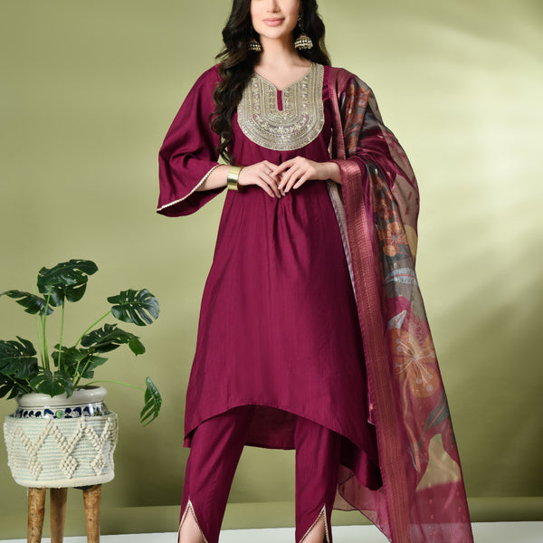 Myshka Women's Embroidered V-Neck Bell Sleeves Kurta & Dhoti Pants With Printed Dupatta Sets in Magenta Color - Distacart