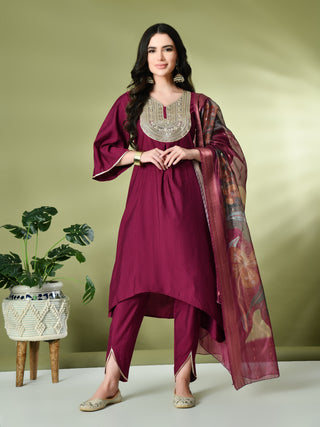 Myshka Women's Embroidered V-Neck Bell Sleeves Kurta & Dhoti Pants With Printed Dupatta Sets in Magenta Color - Distacart
