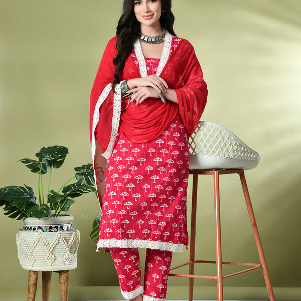 Myshka Women's Printed V-Neck Bell Sleeves Kurta & Trousers With Dupatta Sets in Pink Color - Distacart