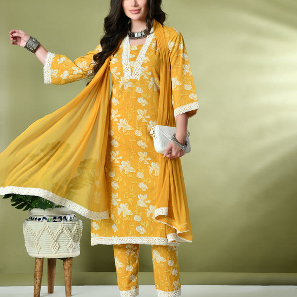 Myshka Women's Printed V-Neck Bell Sleeves Kurta & Trousers With Dupatta Sets in Yellow Color - Distacart