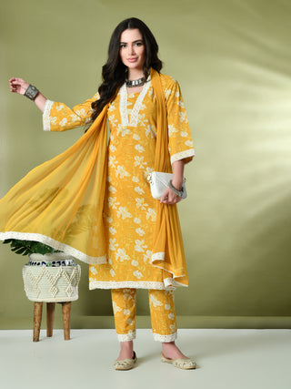 Myshka Women's Printed V-Neck Bell Sleeves Kurta & Trousers With Dupatta Sets in Yellow Color - Distacart