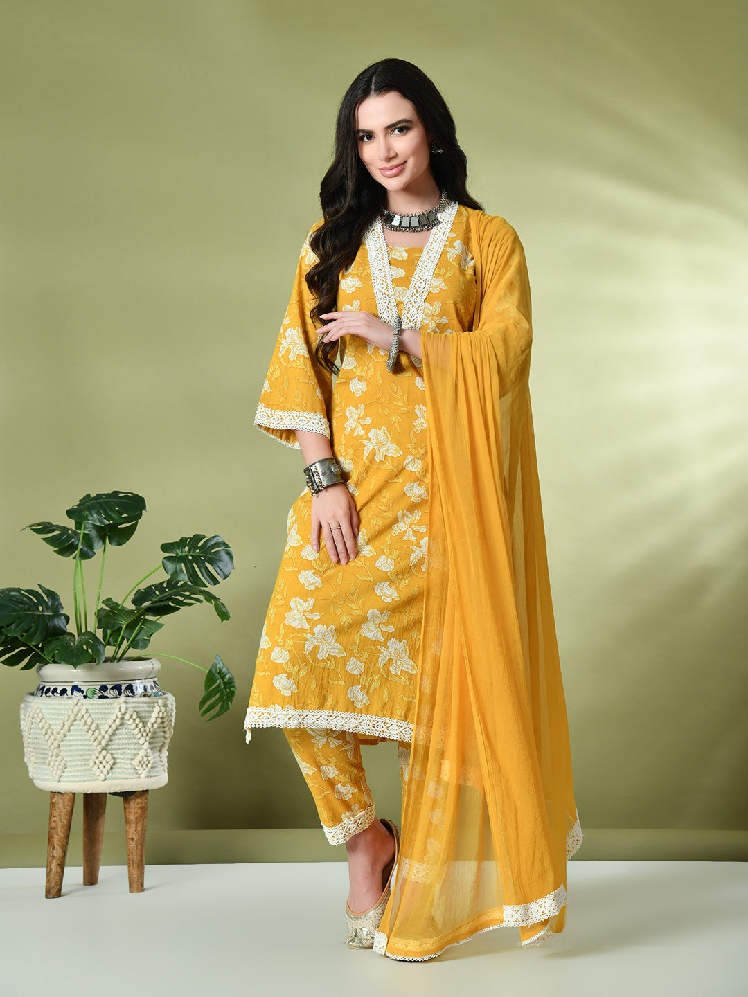 Myshka Women's Printed V-Neck Bell Sleeves Kurta & Trousers With Dupatta Sets in Yellow Color - Distacart
